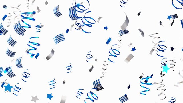 Colorful confetti and ribbons fall from above in a light background. The animation showcases the Greek national flag. This creates a festive mood for celebrations