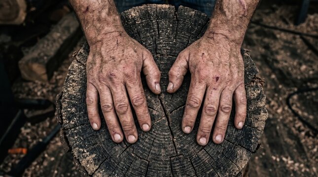 Dirty scratched hands of a carpenter rest on a cracked wooden stump in a dark workshop. Concept manual labor, workplace safety, skilled trade and occupational health advertising. Generative AI.