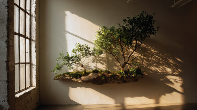 Indoor plants sit on a stone shelf against a wall with sunlight casting shadows in a modern space during afternoon hours