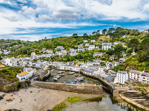 Polperro Harbour and Village from a drone, Polperro, Looe, Cornwall, England