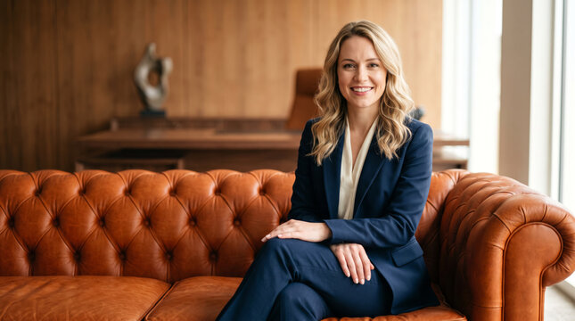 A confident blonde executive businesswoman in a navy suit sitting on a brown leather sofa in a modern office.