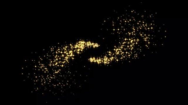 Cinematic gold star sparkle burst animation on dark black screen. Abstract light flare particles, glowing glitter explosion effect, luxury starlight motion graphic overlay template in high. 4K