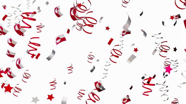 Confetti falls in bright colors above a waving national flag of Greenland. The 3D animation shows the lively atmosphere during a celebration. This display shows joy and pride during events