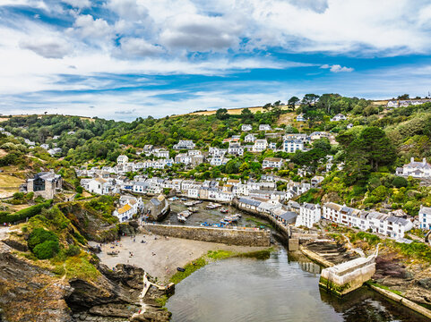 Polperro Harbour and Village from a drone, Polperro, Looe, Cornwall, England
