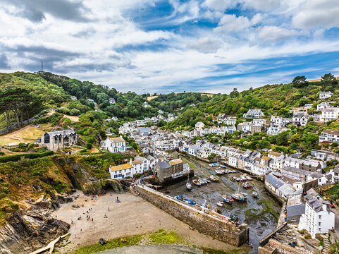 Polperro Harbour and Village from a drone, Polperro, Looe, Cornwall, England