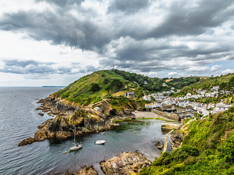 Polperro Harbour and Village from a drone, Polperro, Looe, Cornwall, England