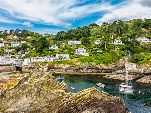 Polperro Harbour and Village from a drone, Polperro, Looe, Cornwall, England