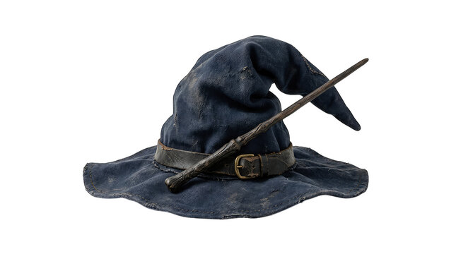 A mystical dark blue wizard hat with a wooden magic wand isolated on transparent background for halloween designs