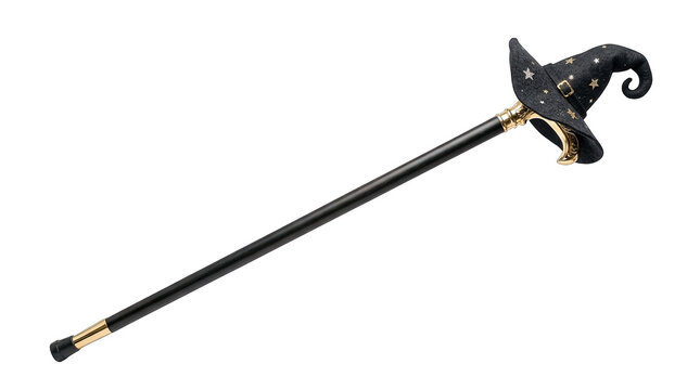 A decorative halloween witch hat cane prop featuring gold stars isolated on transparent background