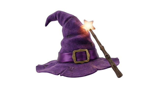 A magical purple witch hat with a glowing wand for halloween celebrations isolated on transparent background