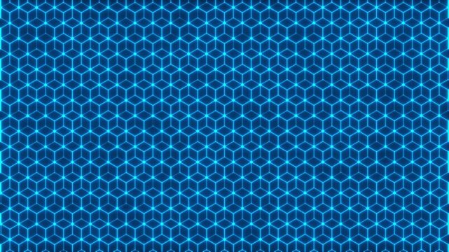 Glowing neon blue isometric cube grid with radiant technology network lighting and geometric line patterns 4k video