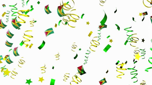 Confetti falls with the colors of the national flag of Guyana in a 3D animation. This animation shows a festive atmosphere during a country celebration, highlighting national pride and joy