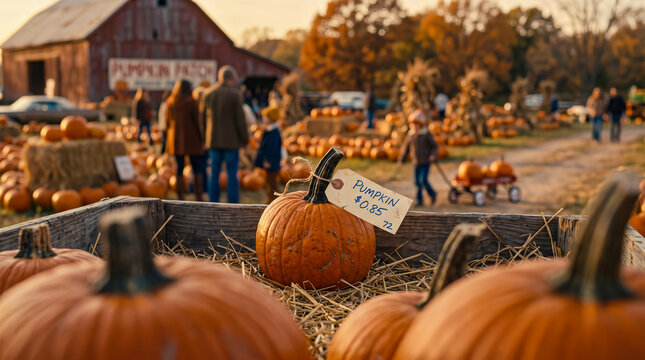 Orange pumpkins in a wooden crate at a rural pumpkin patch