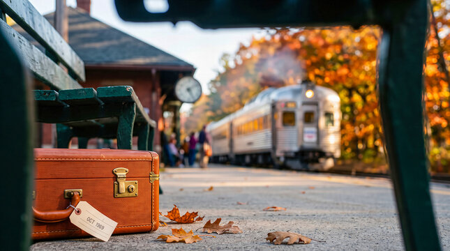 Vintage brown suitcase sitting on a train station platform in autumn