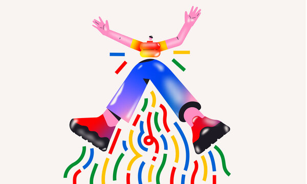 Joyful Person Jumping with Raised Arms and Colorful Motion Lines