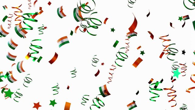 Confetti falls in the colors of a national flag of India. The celebration takes place in a joyful setting. Animated elements create excitement and energy all around