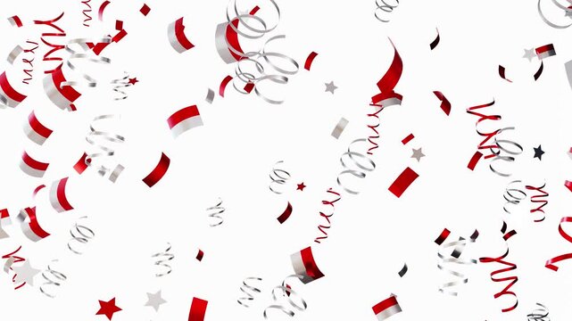 Confetti falls down featuring national flags of Indonesia. This animation shows the colors and patterns associated with various countries during festive moments
