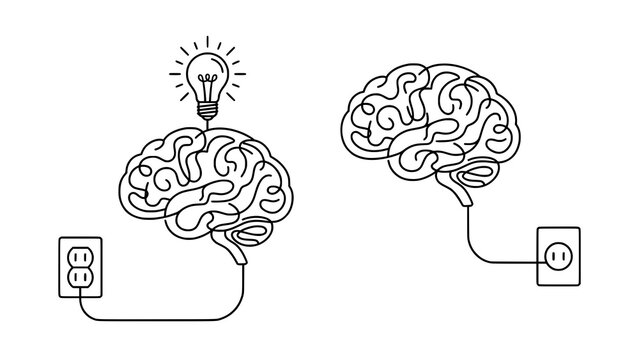 Conceptual illustration of human brains connected to electrical outlets representing mental energy and creative thinking