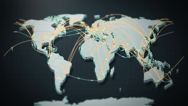 Worldwide flight routes arc between continents on a dark global map, visualizing connected aviation and mobility in a cinematic loop for corporate marketing.
