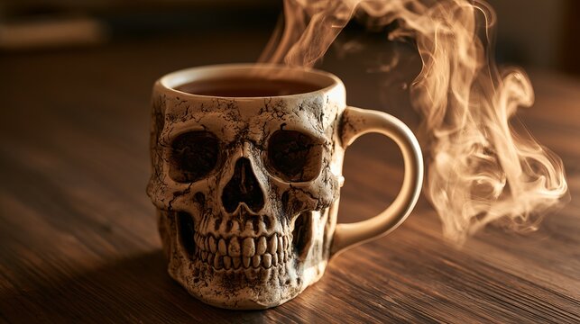 Human skull mug with poison tea billows death smoke, a demonic Halloween cup.