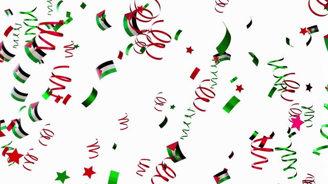 Colorful confetti falls in a playful manner as national flags of Palestine appear and disappear in a lively 3D animation. The celebration showcases a festive atmosphere with vibrant colors