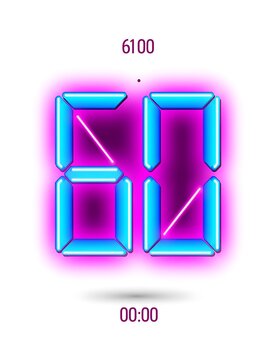 Digital clock display with purple and teal numbers.