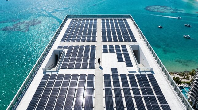 Aerial View of Solar Panels Installed on Rooftop Over Ocean Water