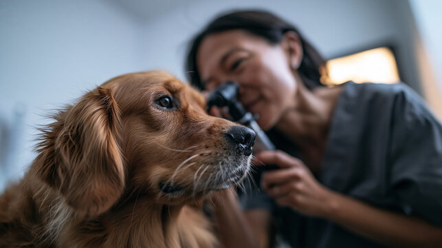 Veterinarian Examining Golden Retriever Ear in Clinic