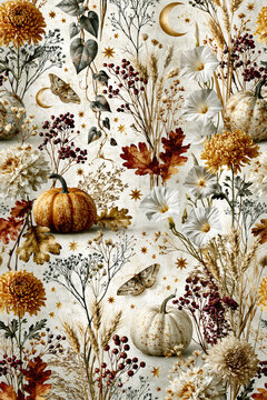 Autumn Floral Pumpkin Botanical Pattern &ndash; AI Generative