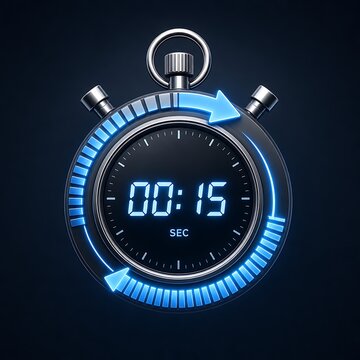 Digital stopwatch showing fifteen seconds on dark background.