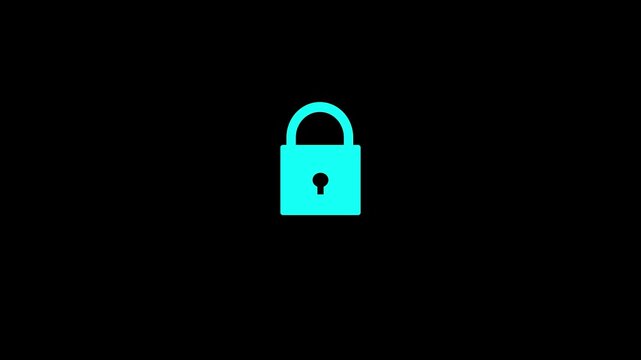 A lock icon privacy open and close animation video on black background. Padlock security open and close loop animation.