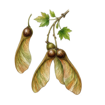 Detailed botanical watercolor illustration of maple tree seeds with green leaves isolated on transparent background
