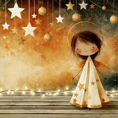 Obraz premium Cute Christmas Angel Watercolor Background – AI Generative