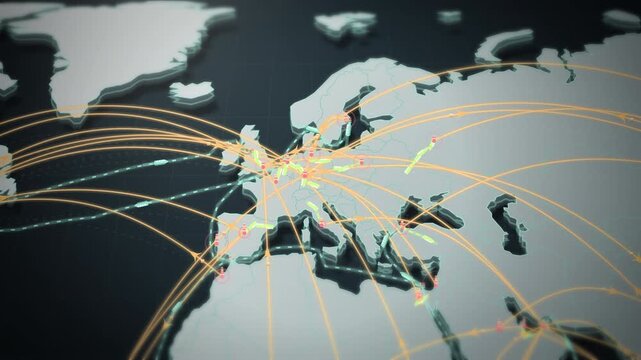 International flight paths converge across Europe on a stylized world map, visualizing global mobility in a cinematic animation for business presentations.