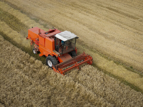 Aerial view of a combine harvester working in a golden grain field during the harvest season, Poland.