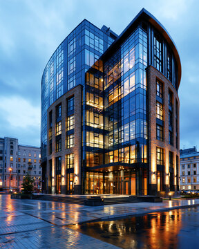 Modern Glass Office Building at Dusk AI Generative