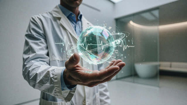 Scientist holds a glowing holographic sphere displaying digital waveforms and data patterns above an open palm. Soft ambient lighting illuminates the white laboratory interior background.