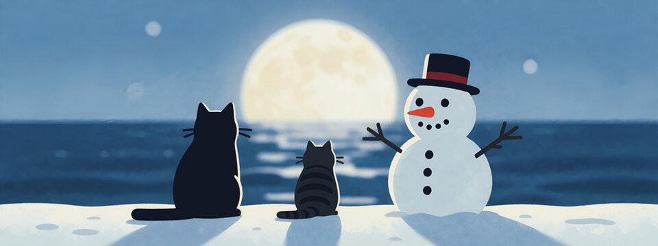 Illustrazione in formato panoramico con due gatti che osservano un mare illuminato dalla luna e un pupazzo di neve