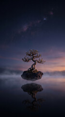 Obraz premium Surreal bonsai tree on small floating island above calm lake reflecting starry night sky.