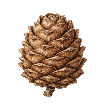 Detailed brown pine cone illustration painted in watercolor style and presented as an isolated on transparent background