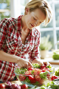 Woman Preparing Fresh Garden Salad at Home &ndash; Generative AI &ndash; no real persons