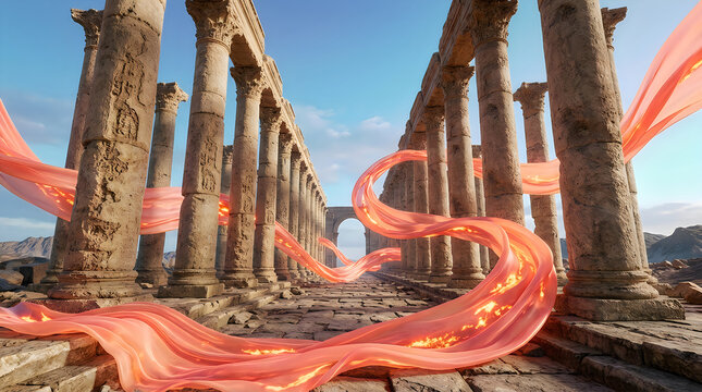 Ancient roman ruins with columns under clear blue sky