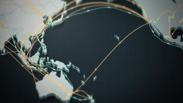 Long-haul flight paths cross the Pacific between Asia, Oceania and North America on a dark map, creating cinematic global logistics imagery for advertising.