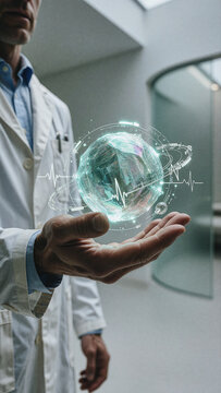 Scientist holds a glowing holographic globe in an open palm within a laboratory. This digital sphere displays floating data rings and translucent cardiac waveforms against soft ambient light.