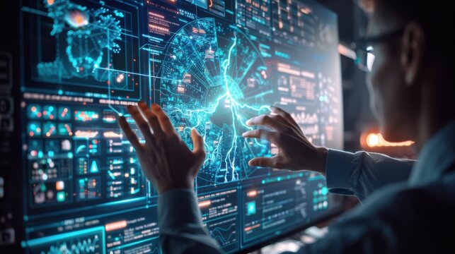 Person interacting with a digital interface of data and neural networks