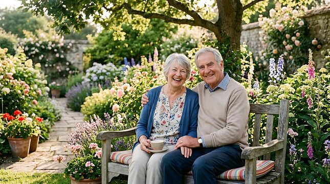 Smiling elderly couple sitting on bench in beautiful garden