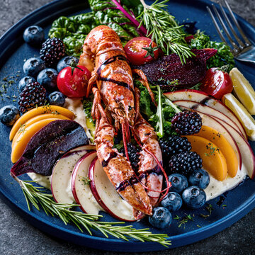 Luxury Gourmet Lobster Salad with Fruits and Vegetables &ndash; AI Generative
