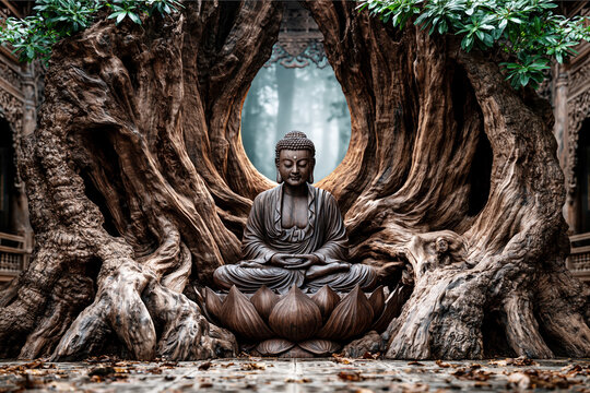 Hand-Carved Wooden Buddha Statue in Zen Sanctuary &ndash; AI Generative