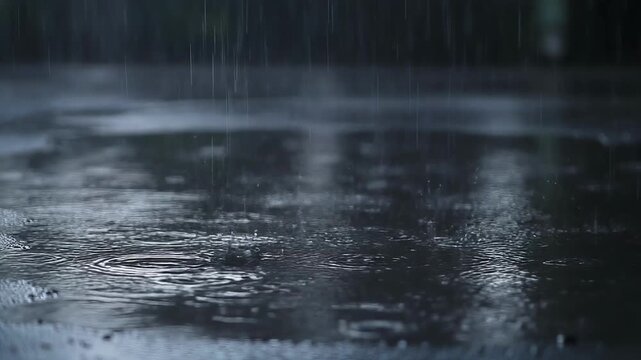 Heavy rainfall creates ripples across a dark reflective puddle