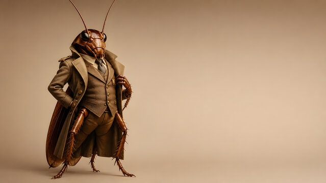 cockroaches, cockroach as a man in a kakhi background with copy space 
